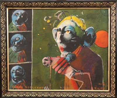 painting of a monkey with a clown ' s hat and a clown ' s face