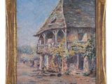 an oil painting of a building with a bird in front of it