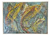 peinture abstraite représentant deux poissons nageant dans un étang