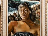 an oil painting of a woman in a bathing suit in front of a group of people