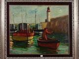 tableau représentant un homme dans un bateau dans un port, avec un phare en arrière-plan
