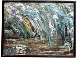 abstract painting of a waterfall in the middle of a body of water