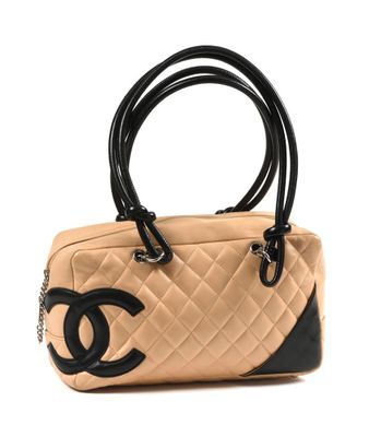 Sac à main Chanel en cuir matelassé beige et noir