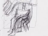dessin représentant un homme assis sur une chaise, avec un cheval en arrière-plan