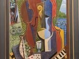 une image représentant un tableau sur lequel figurent un violon et un verre de vin