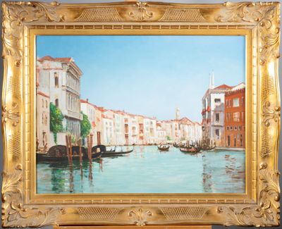 un tableau représentant un canal avec des gondoles