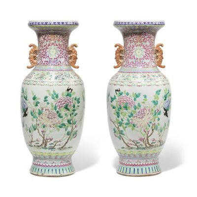 paire de vases chinois ornés d'oiseaux et de fleurs sur fond blanc