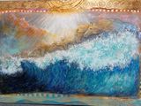 painting of a painting of a wave in a frame with a sun in the background