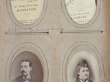 several old black and white photos of a man, woman, and child