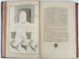 an open book with a drawing of a man standing in front of a building