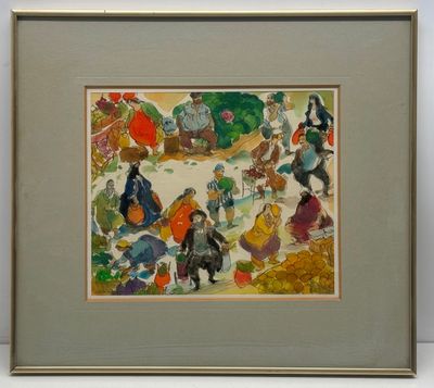 painting of a group of people sitting on a beach with umbrellas