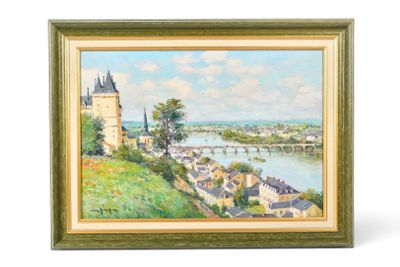 une peinture à l'huile représentant une vue d'une ville et d'une rivière