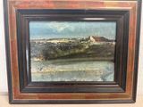 an oil painting of a view of a town and a river