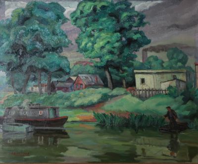 tableau représentant un homme debout devant un bateau sur une rivière