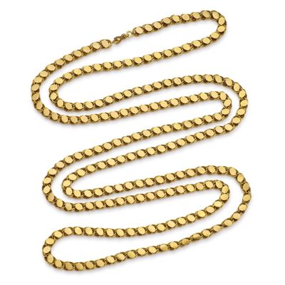 a gold chain with a clasp on a white background