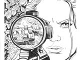 un dessin en noir et blanc représentant une femme regardant à travers une loupe