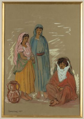 an image of a painting of three women sitting on the ground