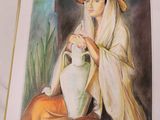 a painting of a woman with a hat and a vase