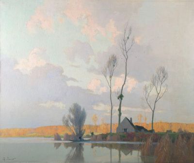 an image of a painting of a lake with trees in the foreground