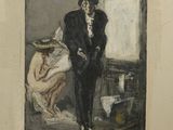 tableau représentant un homme en smoking debout à côté d'une femme en robe blanche