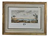 un tableau représentant une vue d'un lac avec un bateau sur l'eau