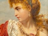 un tableau représentant une femme vêtue d'une robe rouge et blanche