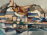 a painting of a boat in the water near a building