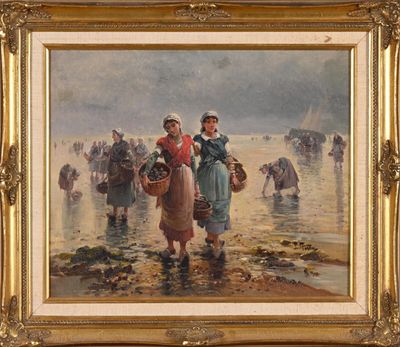 a painting of a group of people walking on a beach