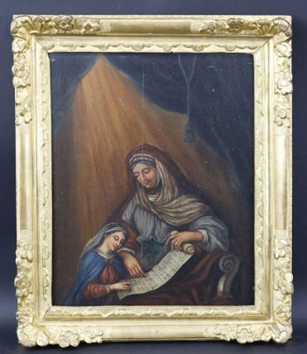 une peinture ancienne représentant une femme tenant un enfant sur ses genoux