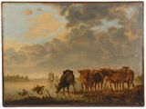 un tableau représentant un groupe de vaches paissant dans un champ