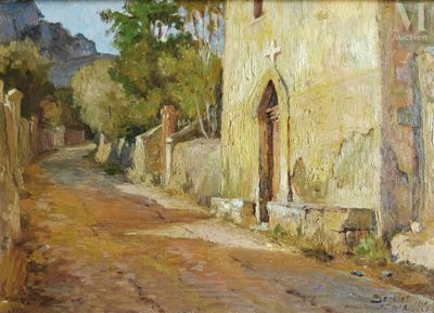 a painting of a street with a building on the side of it