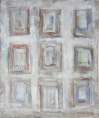 une image représentant une peinture composée de carrés de différentes couleurs sur un mur blanc