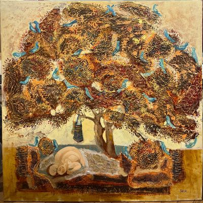 a painting of a cat sleeping under a tree
