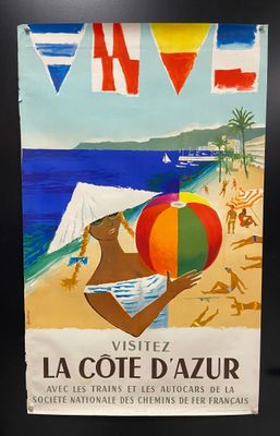 tableau représentant une femme tenant un ballon de plage face à l'océan
