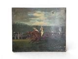 un vieux tableau représentant un cheval et son cavalier lors d'une course hippique