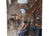 une peinture à l'huile représentant une femme assise sur un banc devant un marché