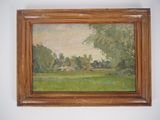 une peinture à l'huile d'un champ avec une maison au loin