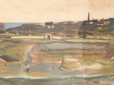 un tableau représentant une vue d'une ville depuis une colline