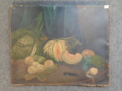 a painting of vegetables on a table with a knife