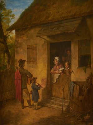 un vieux tableau représentant une famille devant une maison, avec un chien qui regarde par la fenêtre