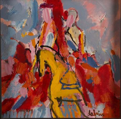 painting of a man riding a horse in a red and yellow outfit