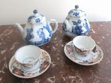 three cups and saucers sitting on a table