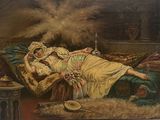 une image représentant un tableau où l'on voit une femme endormie sur un canapé
