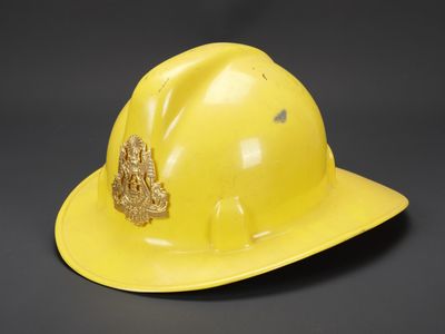 un casque de chantier jaune orné d'un emblème doré