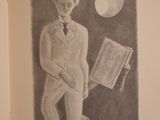 drawing of a man in a suit holding a book with a full moon in the background