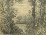 dessin représentant un paysage boisé avec une rivière et des arbres au premier plan