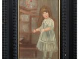 painting of a young girl in a blue dress holding a bird