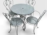 une image représentant une table avec quatre chaises et un parasol