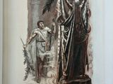 illustration of a man standing next to a statue in a room