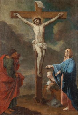 une image d'une peinture de jésus sur la croix avec d'autres personnes